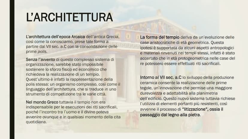 L'ARTE GRECA
ARCAICA
Una presentazione di
Emanuele Francesco
Restivo L'ARCHITETTURA
L'architettura dell'epoca Arcaica dell'antica Grecia,
co
