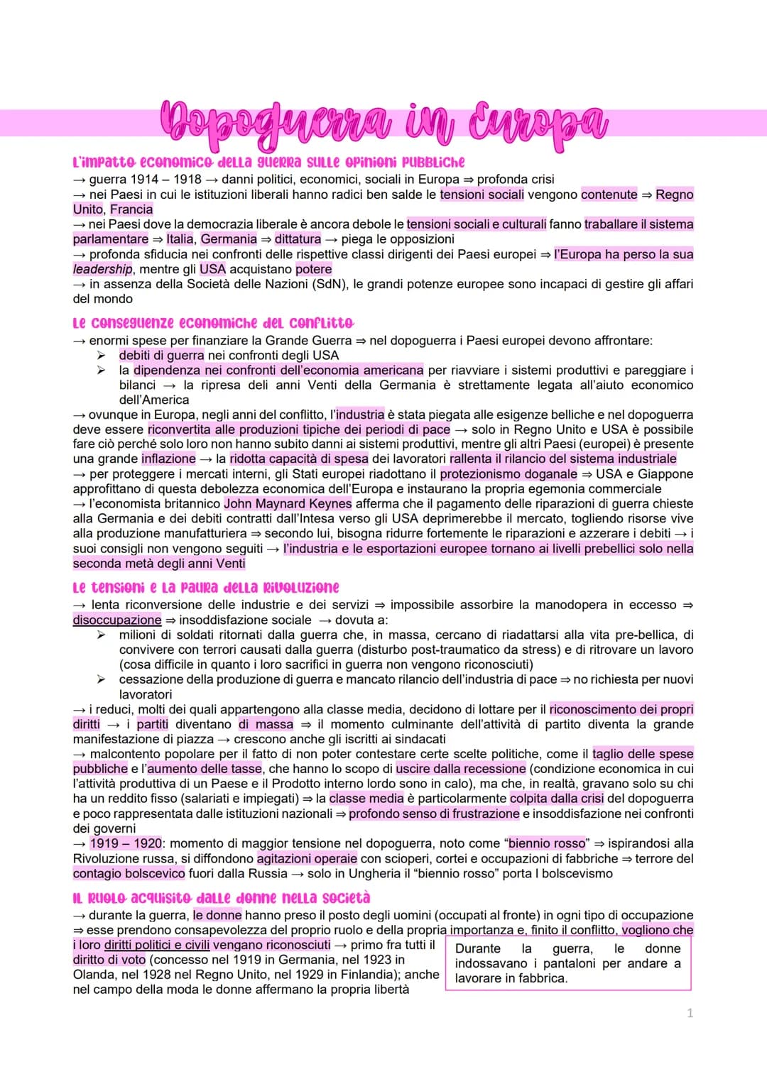 Dopoguerra in Europa
L'impatto economico della guerra SULLE Opinioni PUBBLIChe
→ guerra 1914-1918 → danni politici, economici, sociali in Eu
