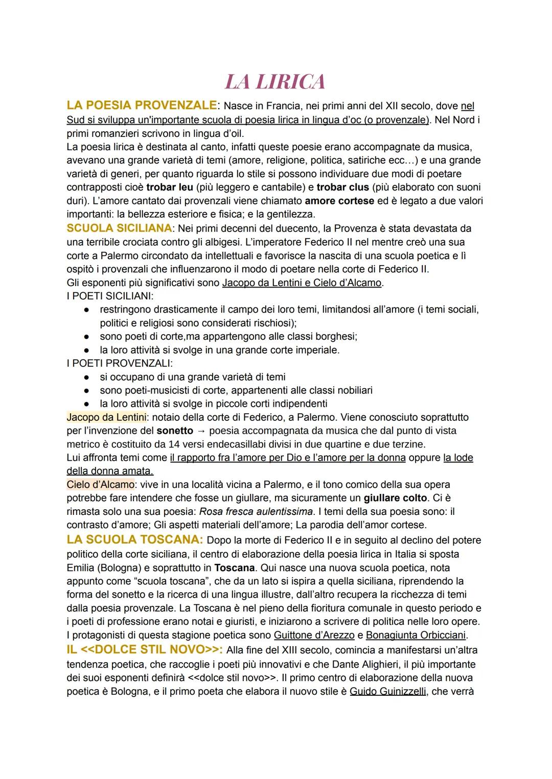 # LA LIRICA

LA POESIA PROVENZALE: Nasce in Francia, nei primi anni del XII secolo, dove nel
Sud si sviluppa un'importante scuola di poesia 