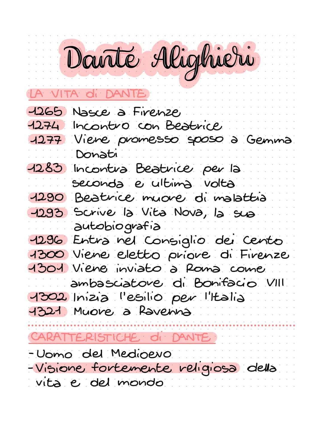 Dante Alighieri
LA VITA di DANTE
1265 Nasce a Firenze
1274 Incontro con Beatrice
1277 Viene promesso sposo a Gemma
Donati
1283 Incontra Beat