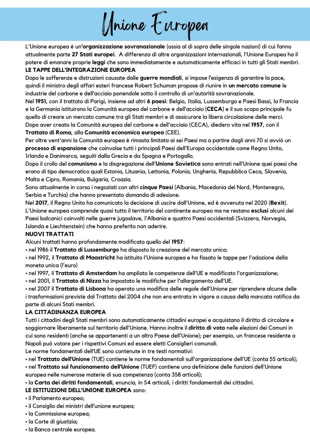 # Unione Europea

L'Unione europea è un'organizzazione sovranazionale (ossia al di sopra delle singole nazioni) di cui fanno
attualmente par