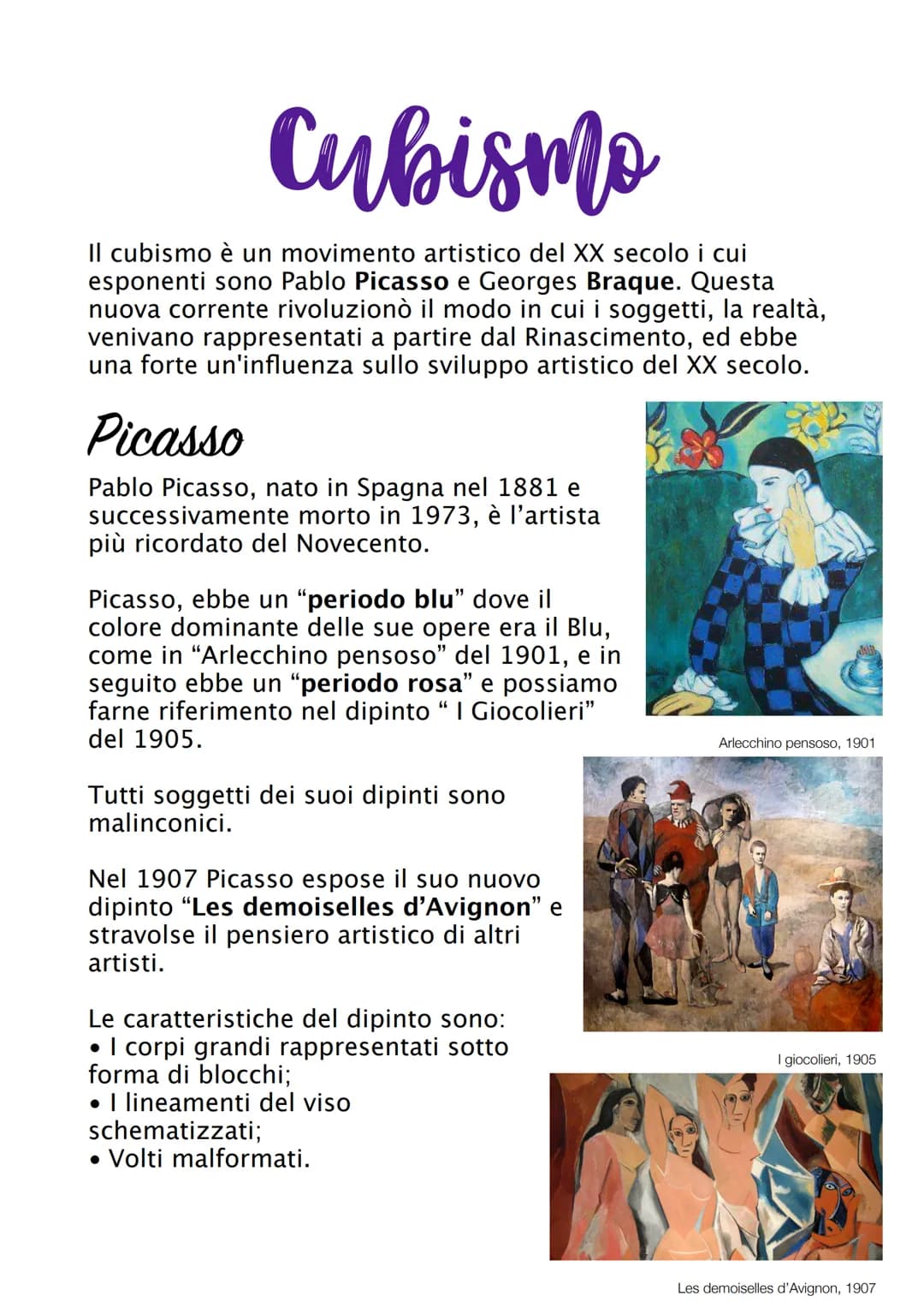 Cubismo
Il cubismo è un movimento artistico del XX secolo i cui
esponenti sono Pablo Picasso e Georges Braque. Questa
nuova corrente rivoluz