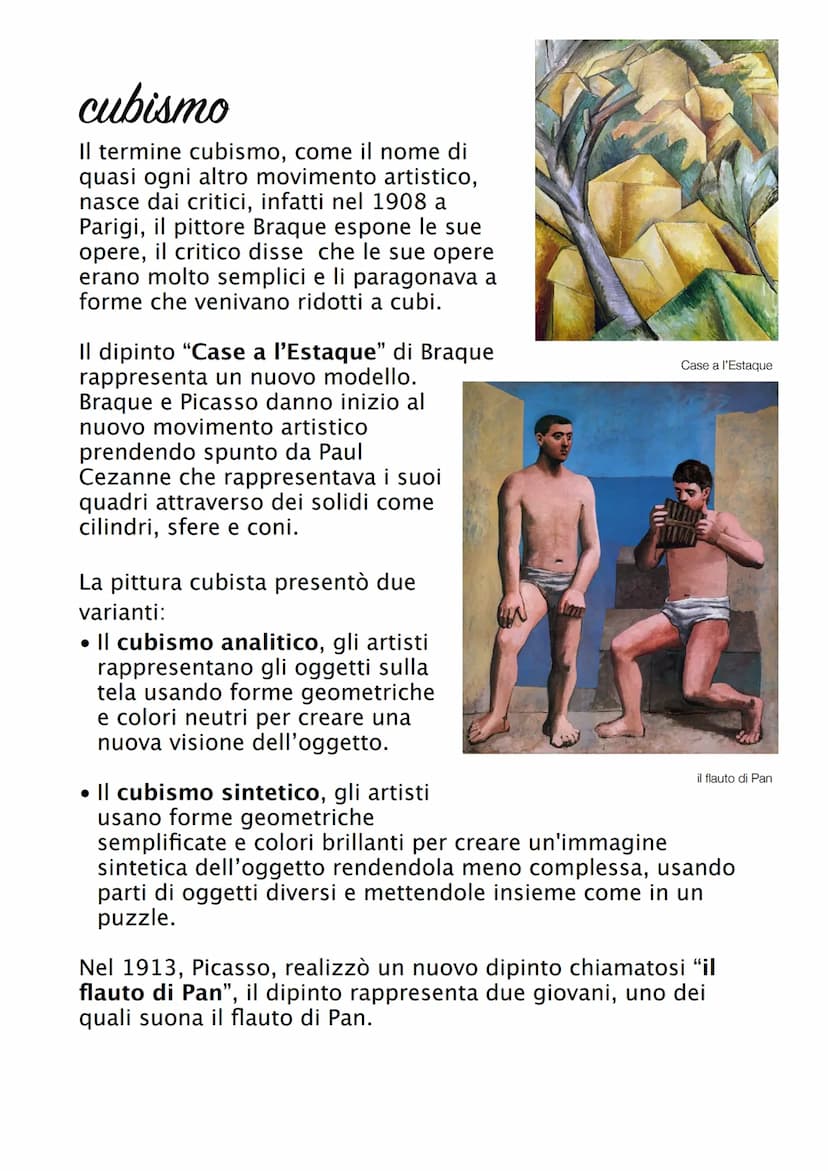 Cubismo
Il cubismo è un movimento artistico del XX secolo i cui
esponenti sono Pablo Picasso e Georges Braque. Questa
nuova corrente rivoluz
