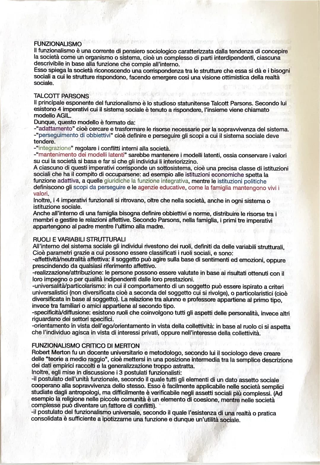 FUNZIONALISMO
Il funzionalismo è una corrente di pensiero sociologico caratterizzata dalla tendenza di concepire
la società come un organism