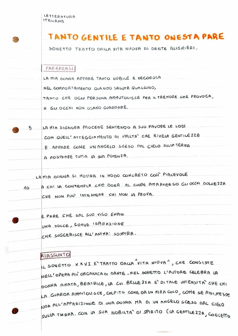5
10
LETTERATURA
ITALIANA
TANTO GENTILE E TANTO ONESTA PARE
SONETTO TRATTO DALLA VITA NUOVA DI DANTE ALIGHIERI.
PARAFRASI
LA MIA DONNA APPAR