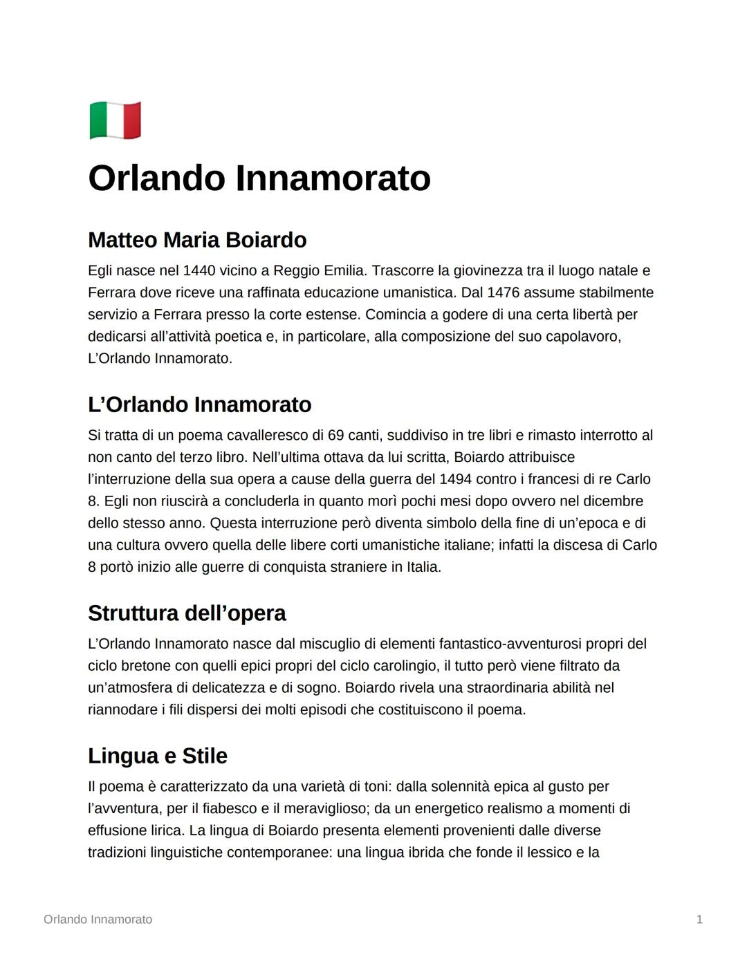 Orlando Innamorato
Matteo Maria Boiardo
Egli nasce nel 1440 vicino a Reggio Emilia. Trascorre la giovinezza tra il luogo natale e
Ferrara do