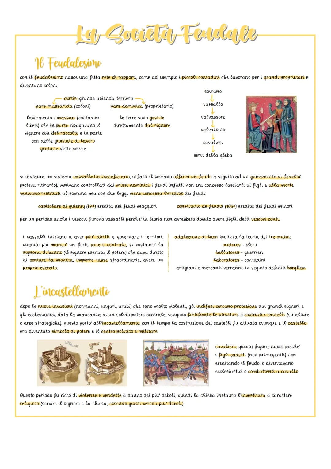 
<p>Il feudalesimo nasce come un sistema complesso di rapporti, in cui i piccoli contadini diventano coloni dei grandi proprietari terrieri.