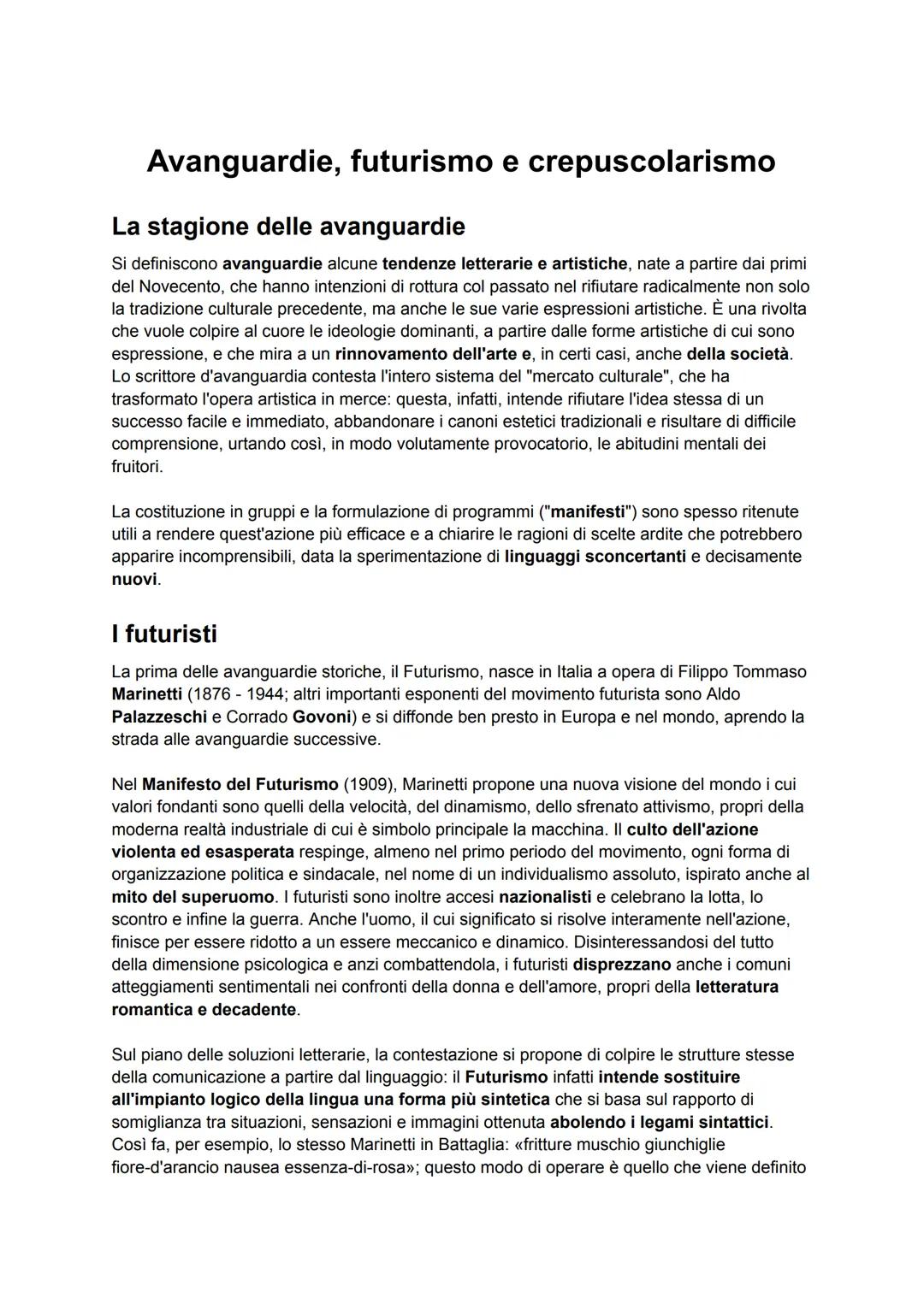 # Avanguardie, futurismo e crepuscolarismo

## La stagione delle avanguardie

Si definiscono avanguardie alcune tendenze letterarie e artist