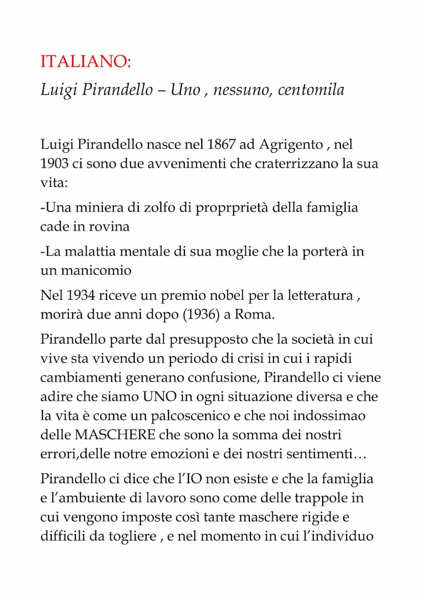 
<h2 id="unonessunocentomiladiluigipirandello">Uno, Nessuno, Centomila di Luigi Pirandello</h2>
<p>Luigi Pirandello, nato nel 1867 ad Agrige