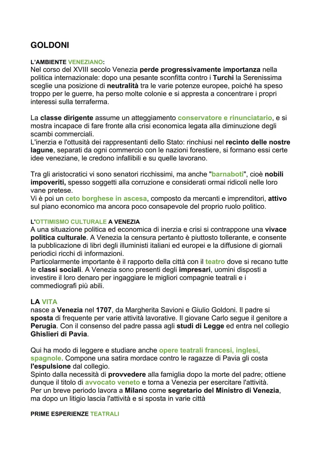 GOLDONI
L'AMBIENTE VENEZIANO:
Nel corso del XVIII secolo Venezia perde progressivamente importanza nella
politica internazionale: dopo una p