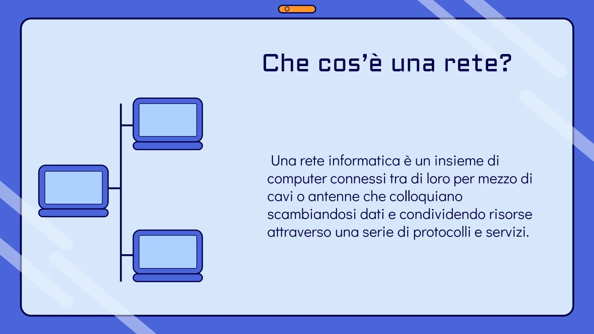 !
Le reti
informatiche 10
0
O
Che cos'è una rete?
Una rete informatica è un insieme di
computer connessi tra di loro per mezzo di
cavi o ant