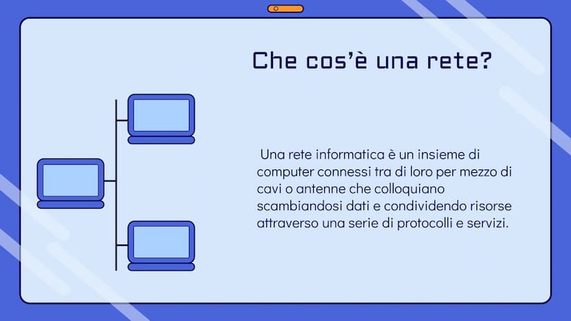 !
Le reti
informatiche 10
0
O
Che cos'è una rete?
Una rete informatica è un insieme di
computer connessi tra di loro per mezzo di
cavi o ant