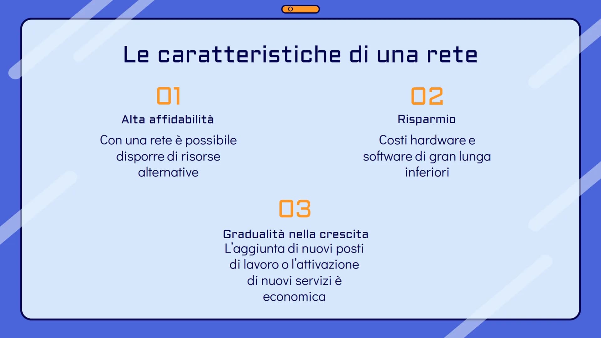 !
Le reti
informatiche 10
0
O
Che cos'è una rete?
Una rete informatica è un insieme di
computer connessi tra di loro per mezzo di
cavi o ant
