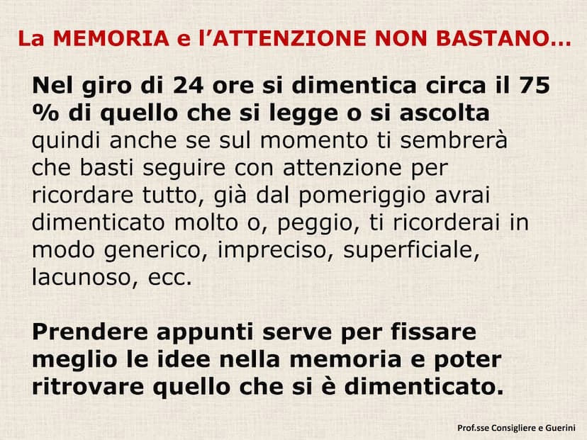 C) PRENDERE APPUNTI La MEMORIA e l'ATTENZIONE NON BASTANO...
Nel giro di 24 ore si dimentica circa il 75
% di quello che si legge o si ascol