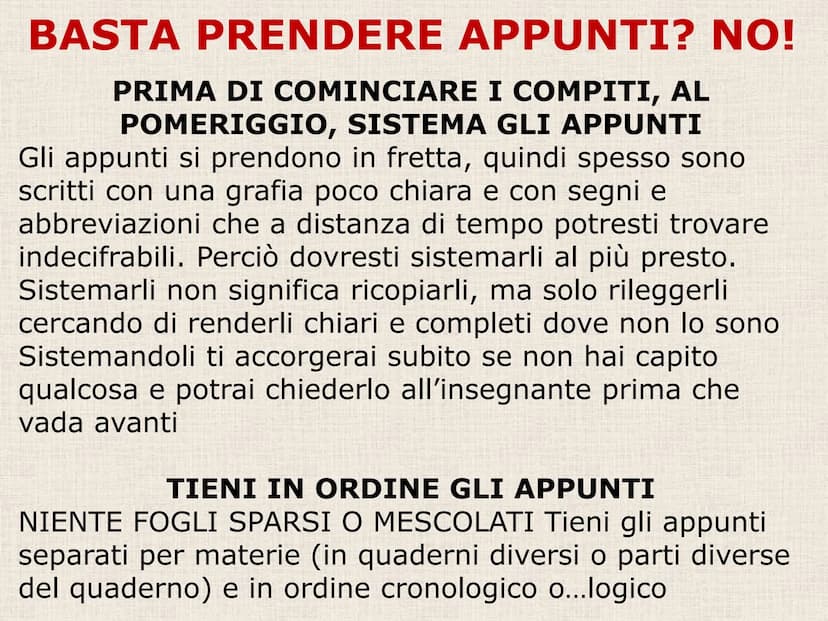 C) PRENDERE APPUNTI La MEMORIA e l'ATTENZIONE NON BASTANO...
Nel giro di 24 ore si dimentica circa il 75
% di quello che si legge o si ascol