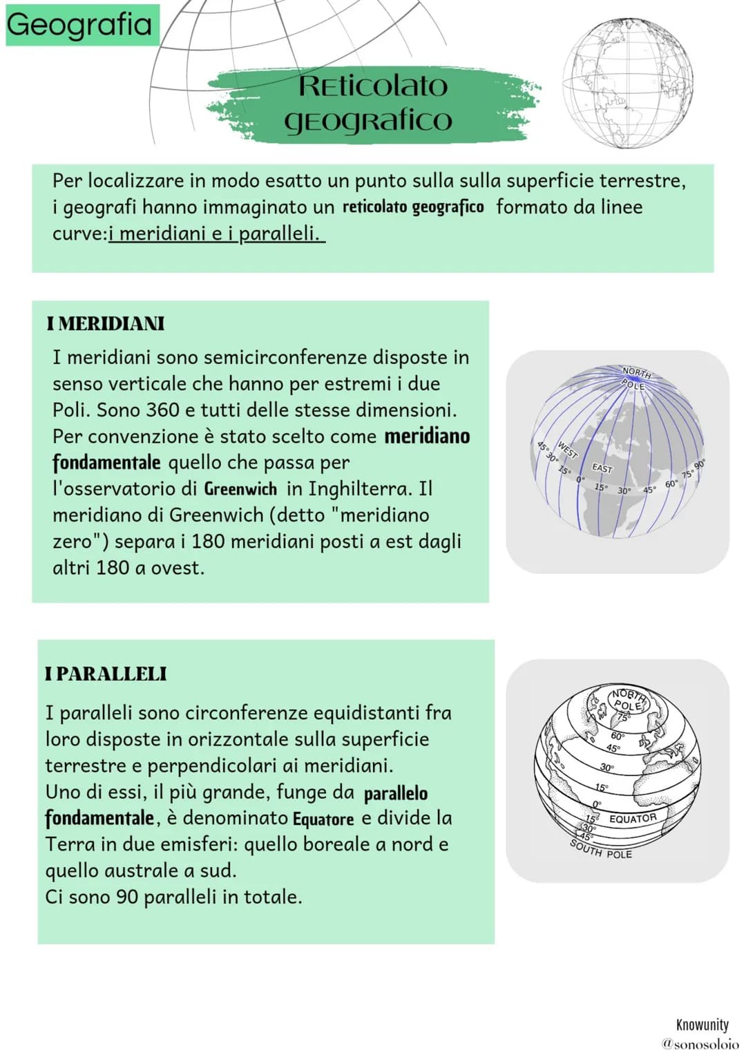 Geografia
Reticolato
geografico
Per localizzare in modo esatto un punto sulla sulla superficie terrestre,
i geografi hanno immaginato un ret