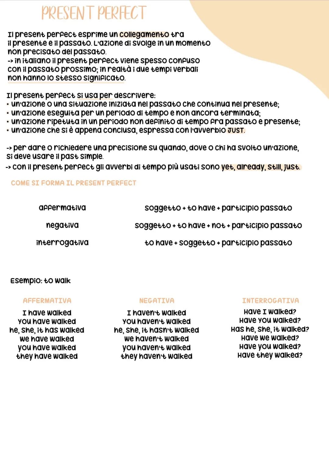 PRESENT PERFECT
Il present perfect esprime un collegamento tra
il presente e il passato. L'azione di svolge in un momento
non precisato del 