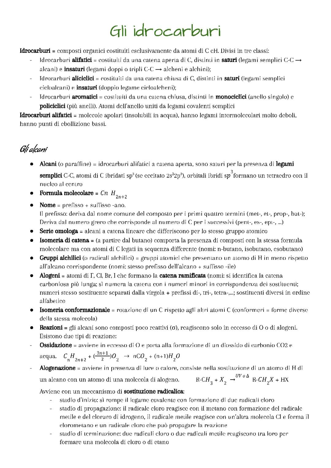 Idrocarburi: Alcani, Alcheni, Alchini e Composti Aromatici