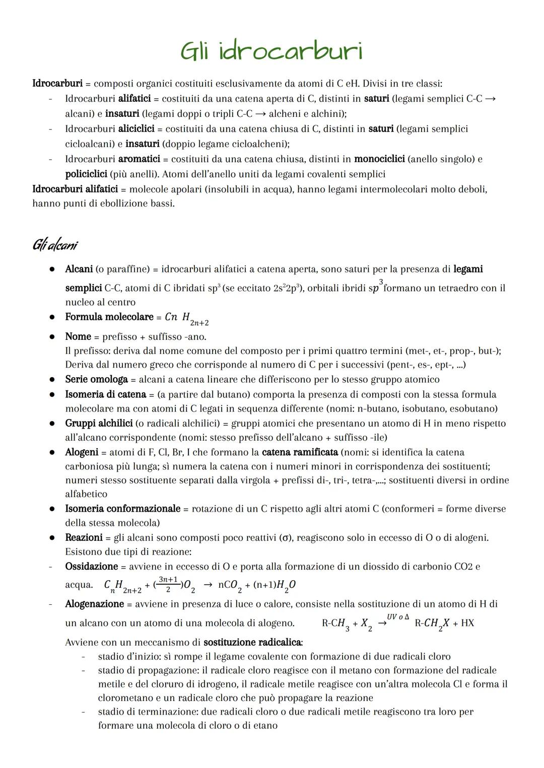 Gli idrocarburi
Idrocarburi = composti organici costituiti esclusivamente da atomi di C eH. Divisi in tre classi:
Idrocarburi alifatici = co