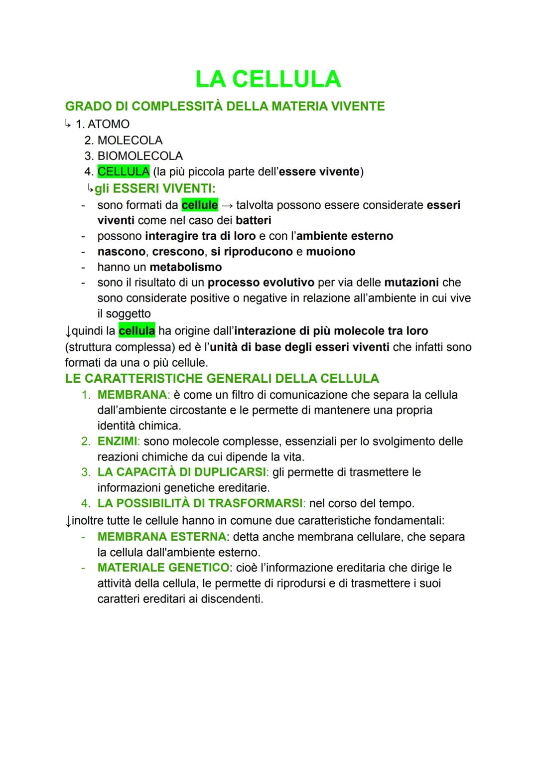LA CELLULA
GRADO DI COMPLESSITÀ DELLA MATERIA VIVENTE
↳ 1. ATOMO
2. MOLECOLA
3. BIOMOLECOLA
4. CELLULA (la più piccola parte dell'essere viv