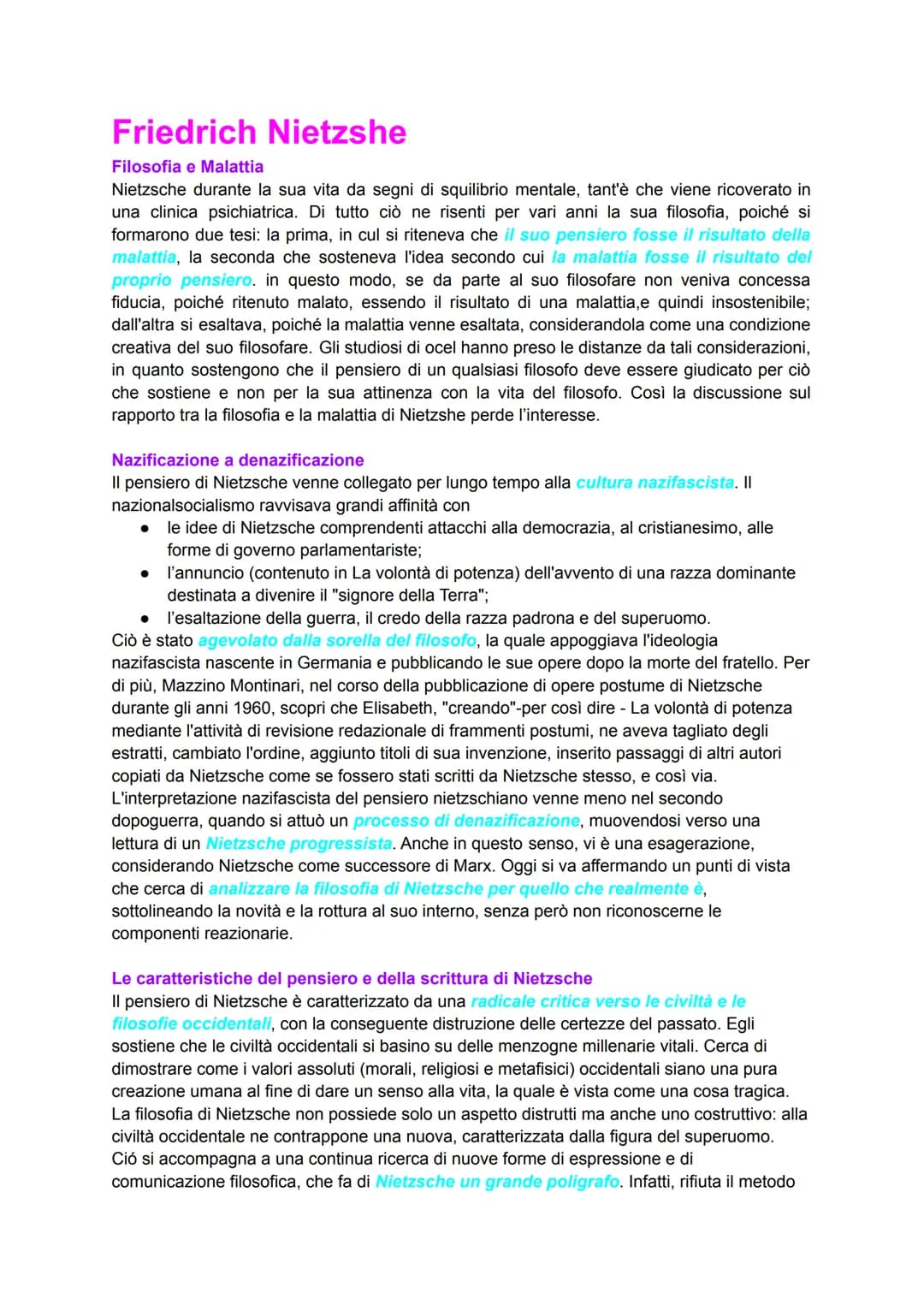 Friedrich Nietzshe
Filosofia e Malattia
Nietzsche durante la sua vita da segni di squilibrio mentale, tant'è che viene ricoverato in
una cli