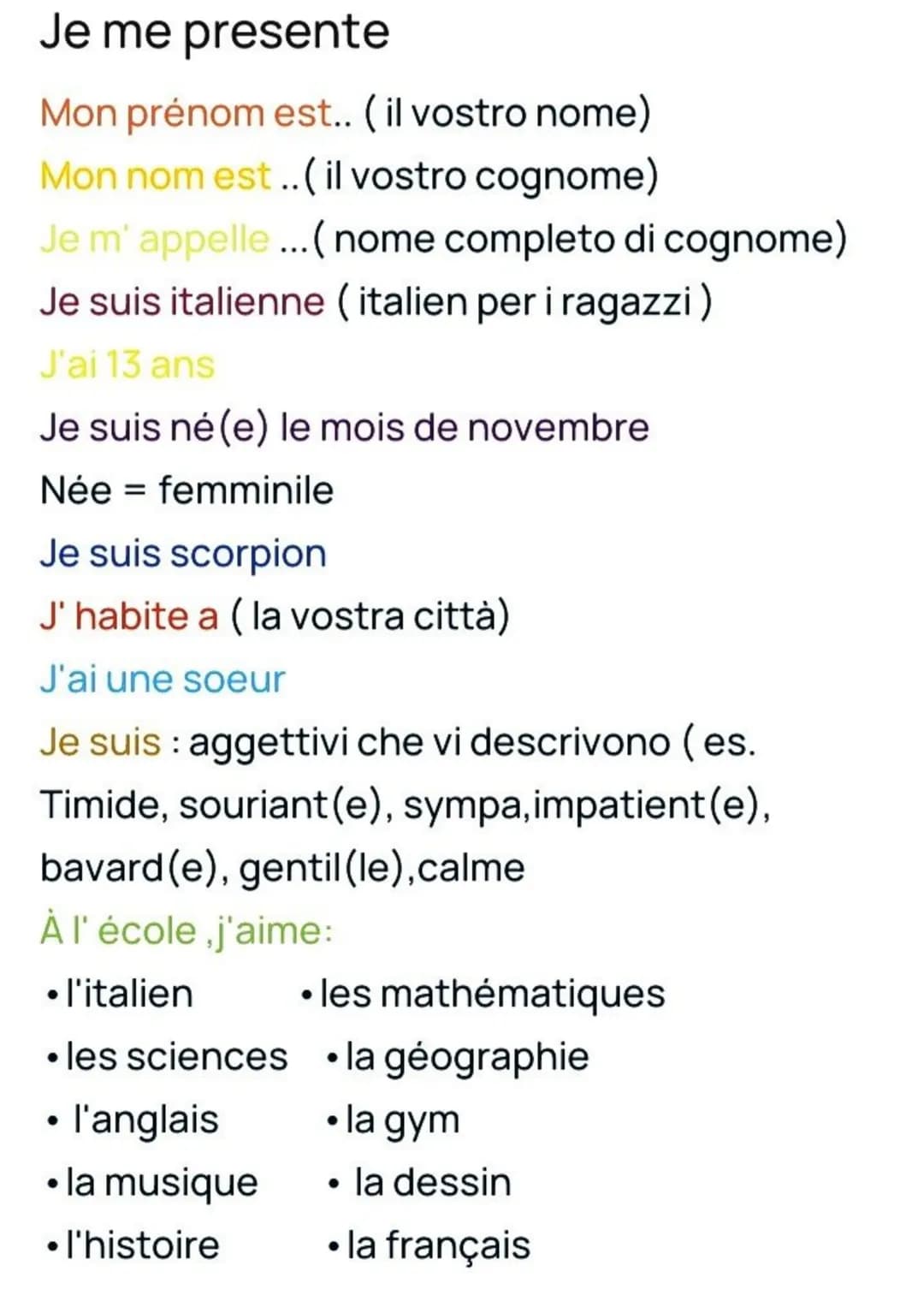 Je me presente
Mon prénom est.. (il vostro nome)
Mon nom est..( il vostro cognome)
Je m'appelle ...(nome completo di cognome)
Je suis italie