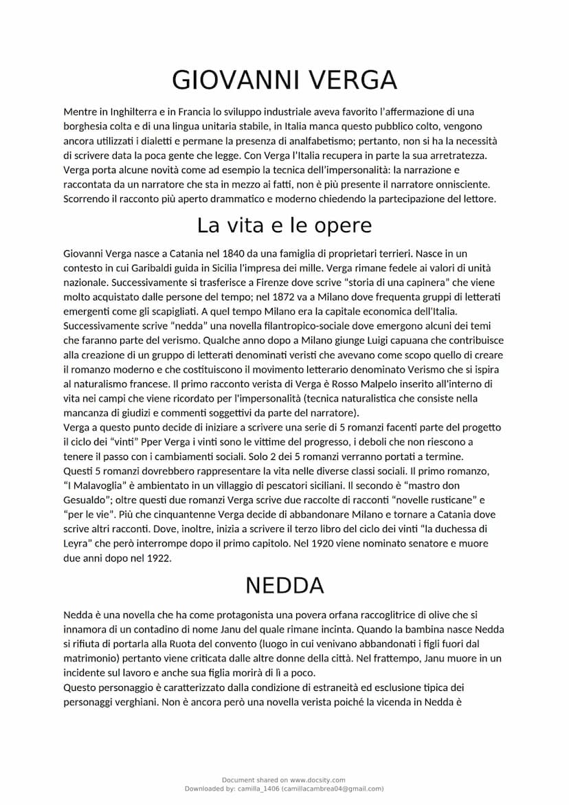 docsity
Giovanni Verga: vita, pensiero,
cultura, stile, opere
Italiano
6 pag.
Document shared on www.docsity.com
Downloaded by: camilla_1406
