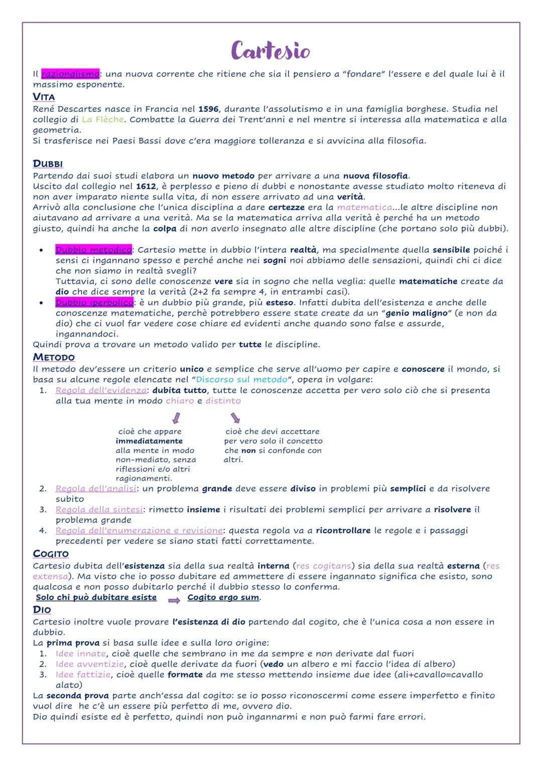 Cartesio
Il razionalismo: una nuova corrente che ritiene che sia il pensiero a "fondare" l'essere e del quale lui è il
massimo esponente.
VI