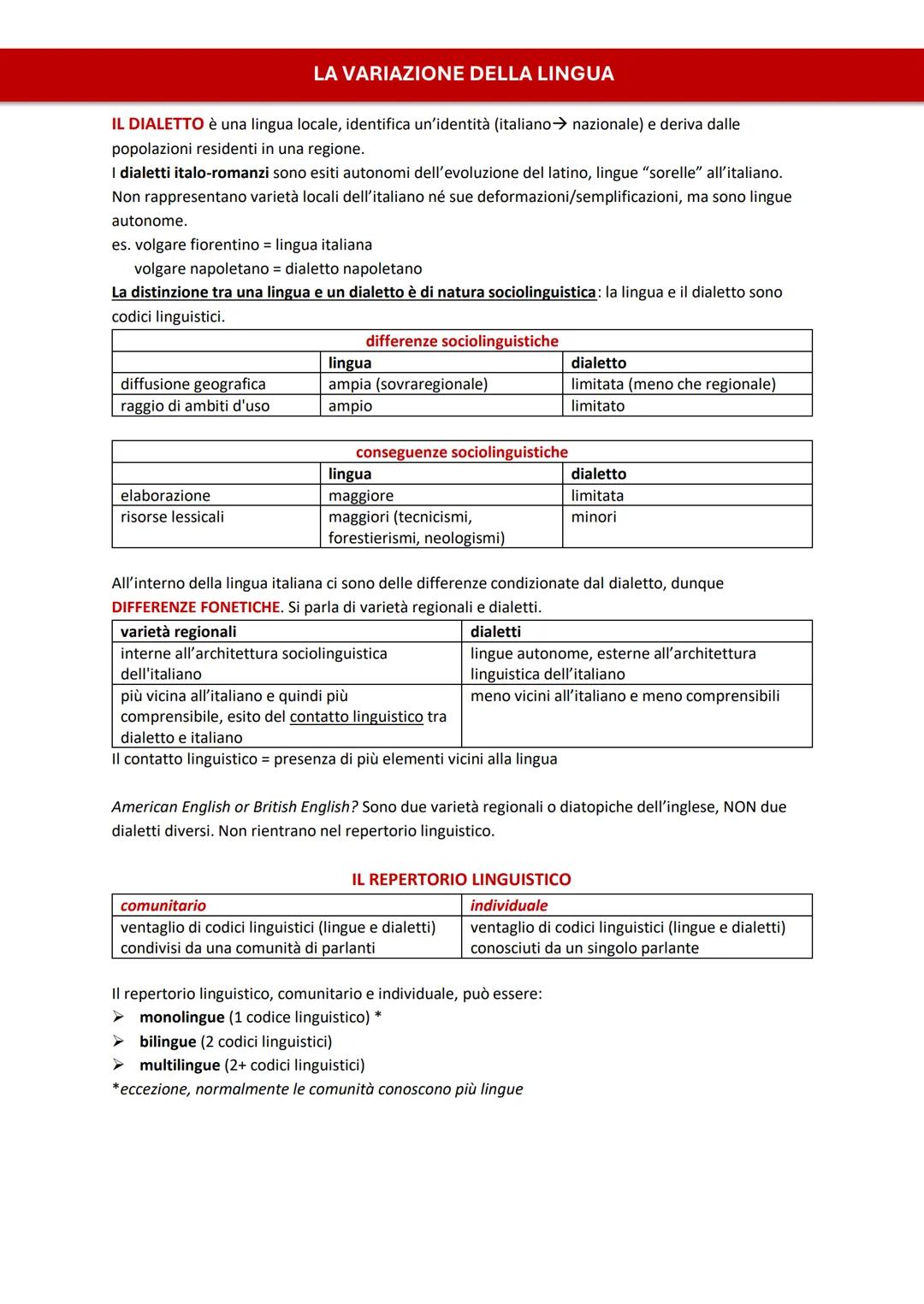 LA VARIAZIONE DELLA LINGUA
IL DIALETTO è una lingua locale, identifica un'identità (italiano → nazionale) e deriva dalle
popolazioni residen