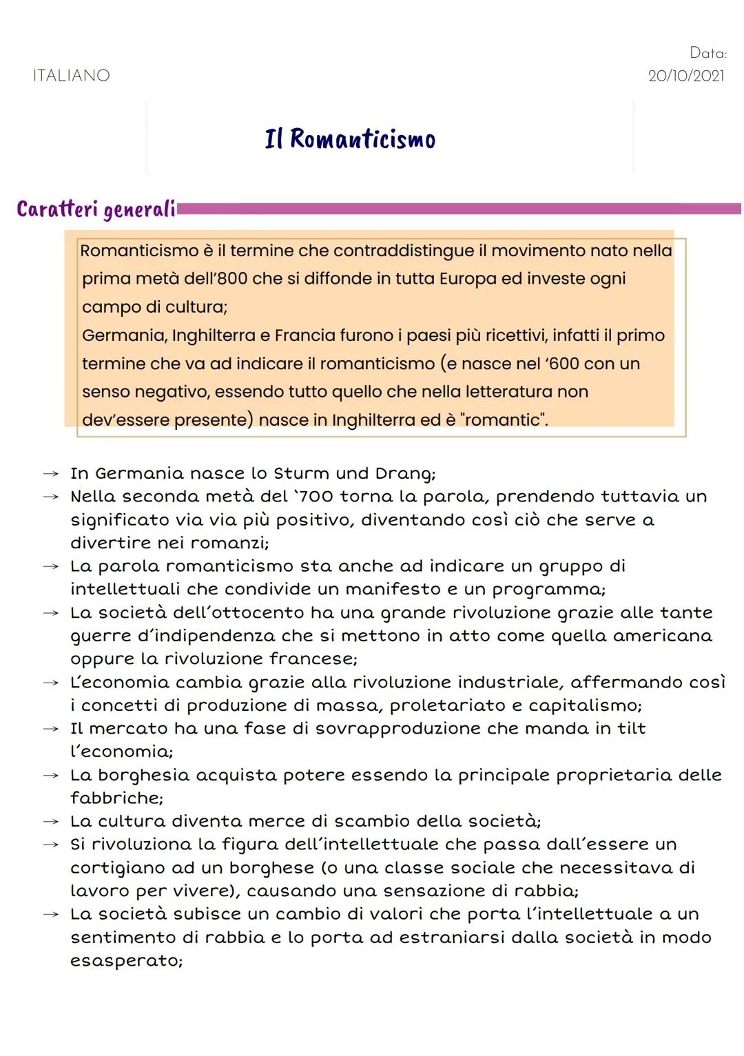 ITALIANO
Caratteri generali
Il Romanticismo
Romanticismo è il termine che contraddistingue il movimento nato nella
prima metà dell'800 che s