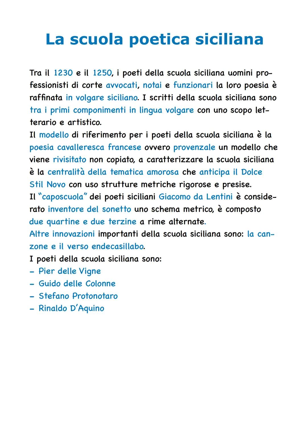 # La scuola poetica siciliana

Tra il 1230 e il 1250, i poeti della scuola siciliana uomini pro-
fessionisti di corte avvocati, notai e funz