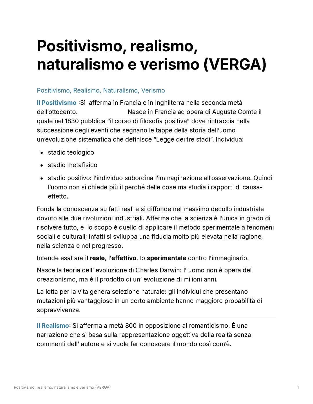 Positivismo, realismo, naturalismo, verismo (Verga)