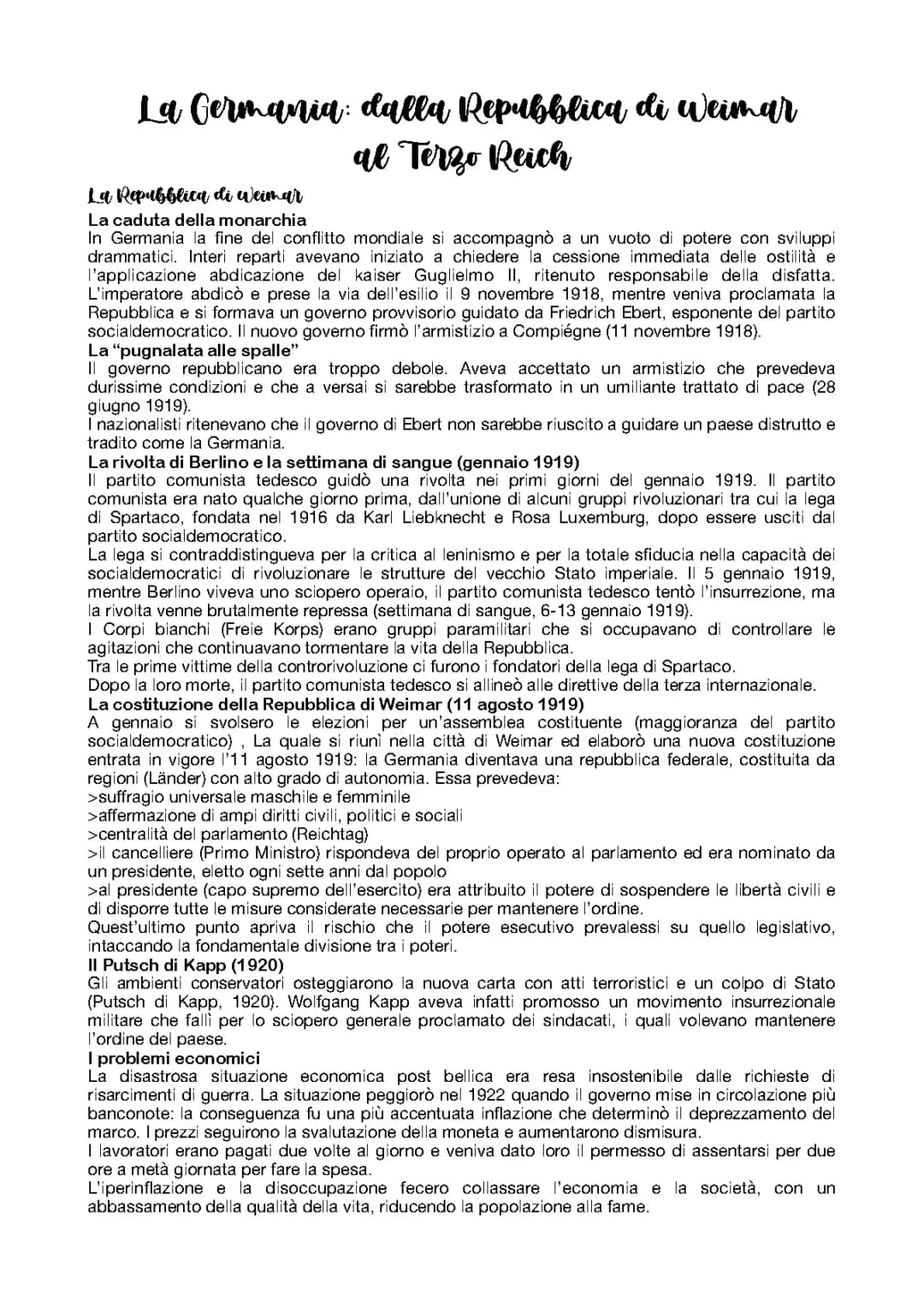 La Germania dalla repubblica di Weimar al terzo Reich 