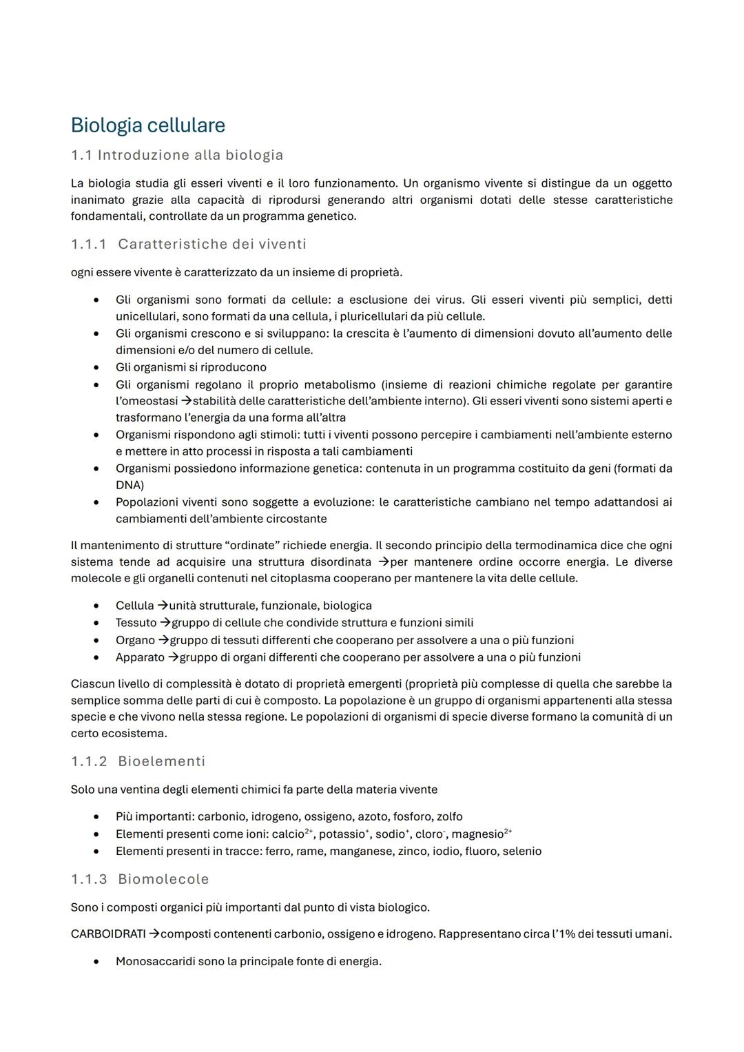 --- OCR Start ---
Biologia cellulare
1.1 Introduzione alla biologia
La biologia studia gli esseri viventi e il loro funzionamento. Un organi