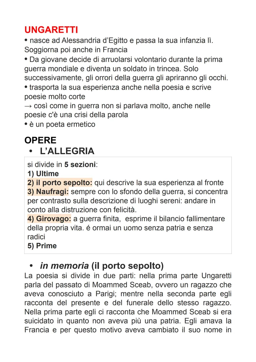 UNGARETTI
• nasce ad Alessandria d'Egitto e passa la sua infanzia lì.
Soggiorna poi anche in Francia
• Da giovane decide di arruolarsi volon