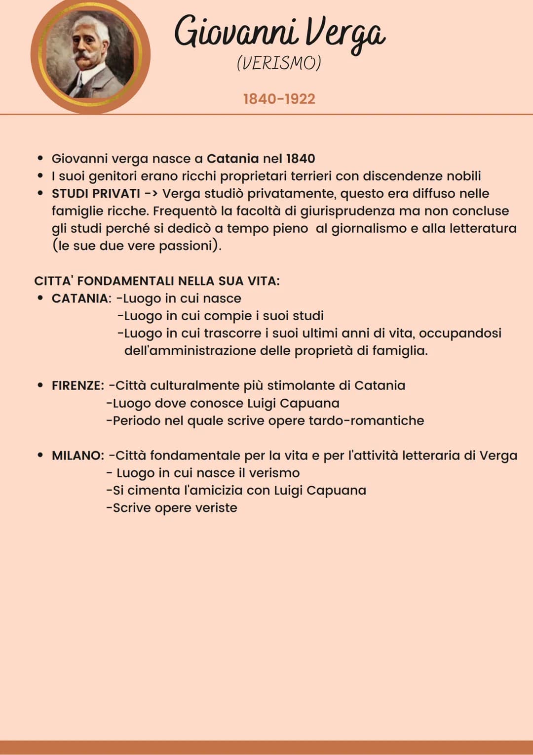 Giovanni Verga
(VERISMO)
1840-1922
• Giovanni verga nasce a Catania nel 1840
• I suoi genitori erano ricchi proprietari terrieri con discend