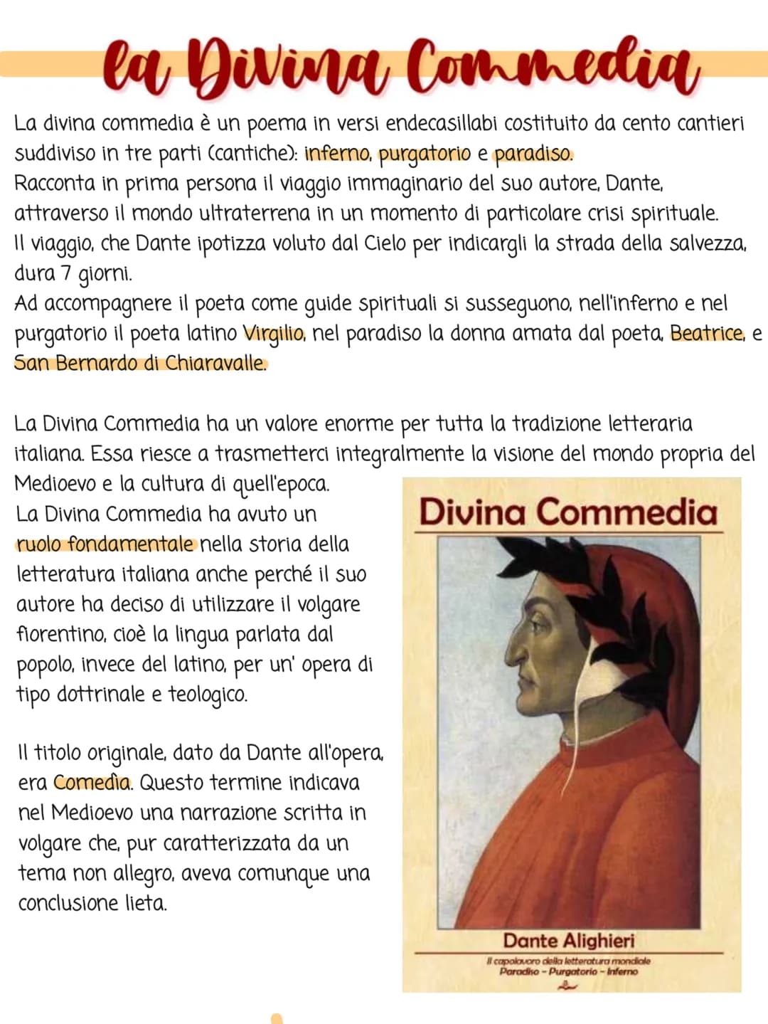la Divina Com media
La divina commedia è un poema in versi endecasillabi costituito da cento cantieri
suddiviso in tre parti (cantiche): inf