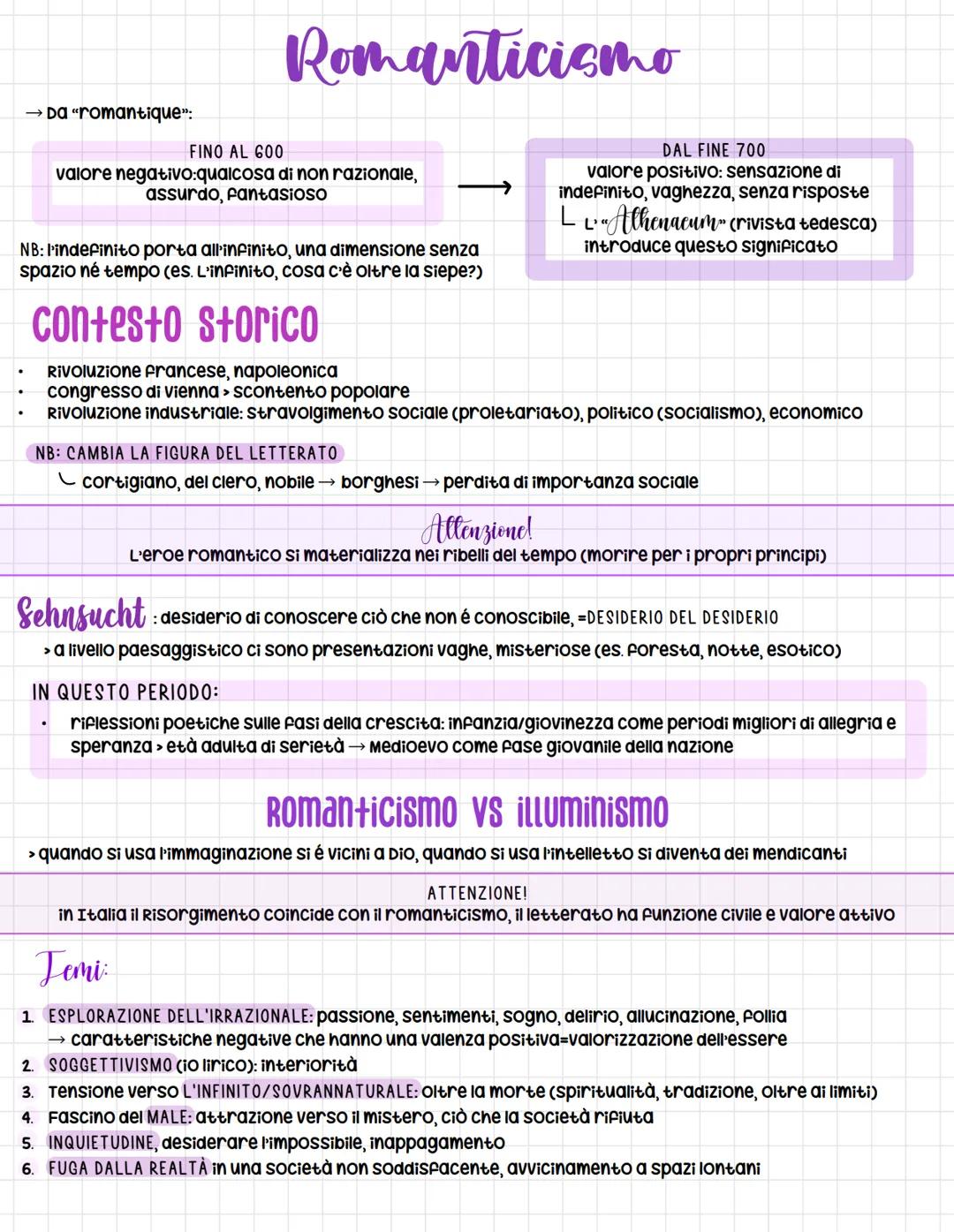 → Da "romantique":
Romanticismo
FINO AL 600
valore negativo:qualcosa di non razionale,
assurdo, fantasioso
NB: l'indefinito porta all'infini