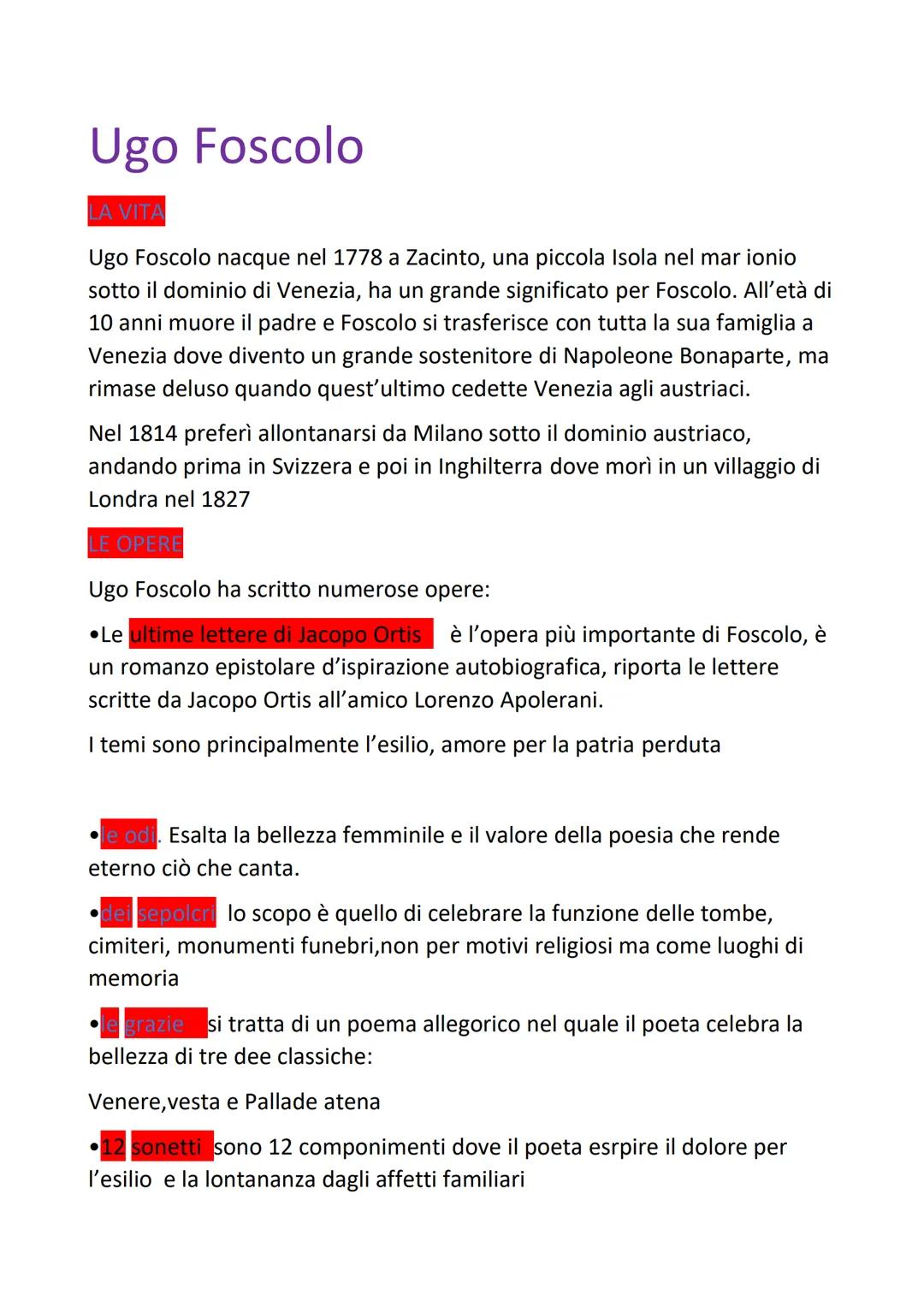# Ugo Foscolo

LA VITA

Ugo Foscolo nacque nel 1778 a Zacinto, una piccola Isola nel mar ionio
sotto il dominio di Venezia, ha un grande sig