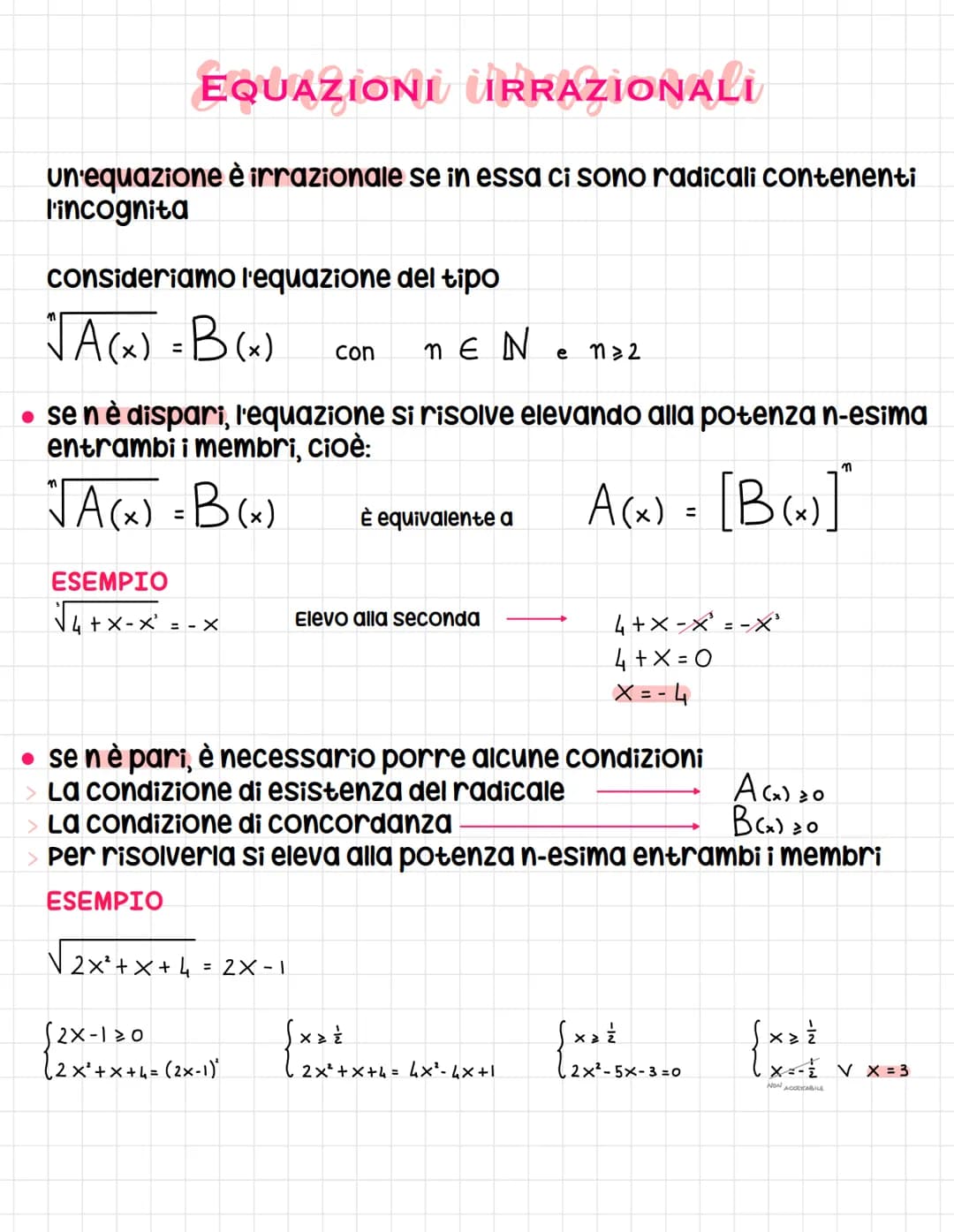 Equazioni uRRAZIONALI
un'equazione è irrazionale se in essa ci sono radicali contenenti
l'incognita
consideriamo l'equazione del tipo
√A(x) 