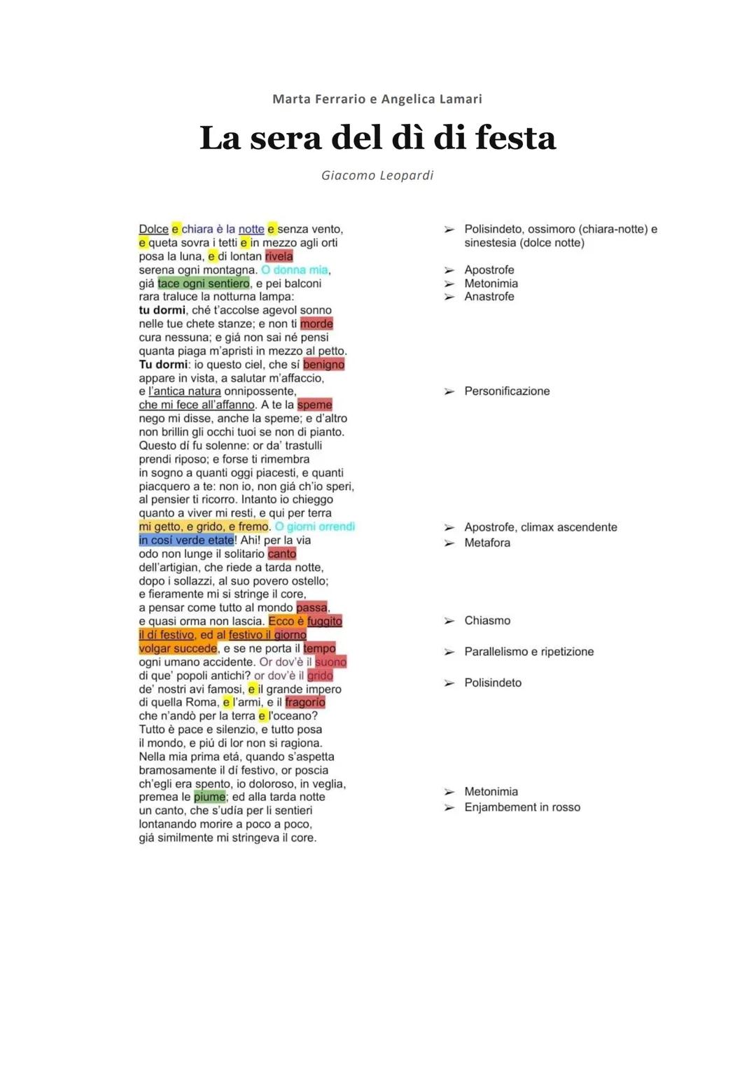 Marta Ferrario e Angelica Lamari
La sera del dì di festa
Giacomo Leopardi
Dolce e chiara è la notte e senza vento,
e queta sovra i tetti e i