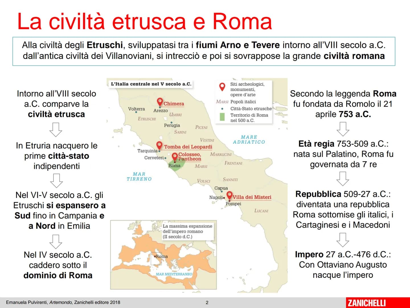 Unità 4
Etruschi e Romani
Emanuela Pulvirenti, Artemondo, Zanichelli editore 2018
1
ZANICHELLI La civiltà etrusca e Roma
Alla civiltà degli 
