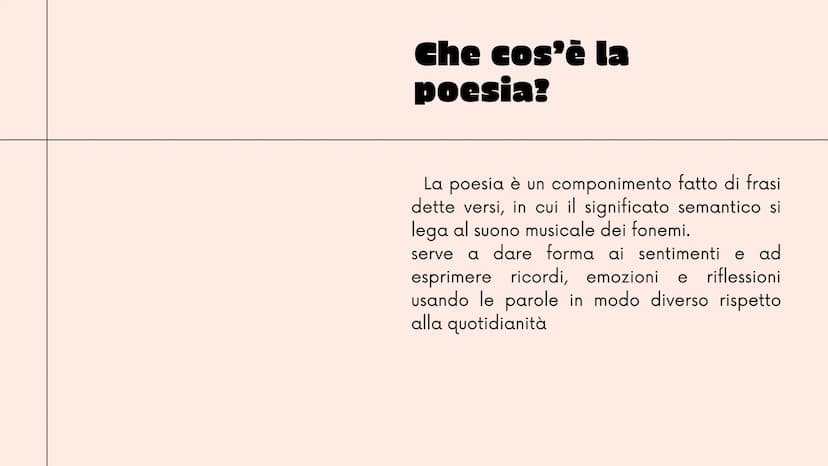 New Tab
Q
2°liceo
Mancuso Roberta
+
LA POESIA
robbb Che cos'è la
poesia?
La poesia è un componimento fatto di frasi
dette versi, in cui il s