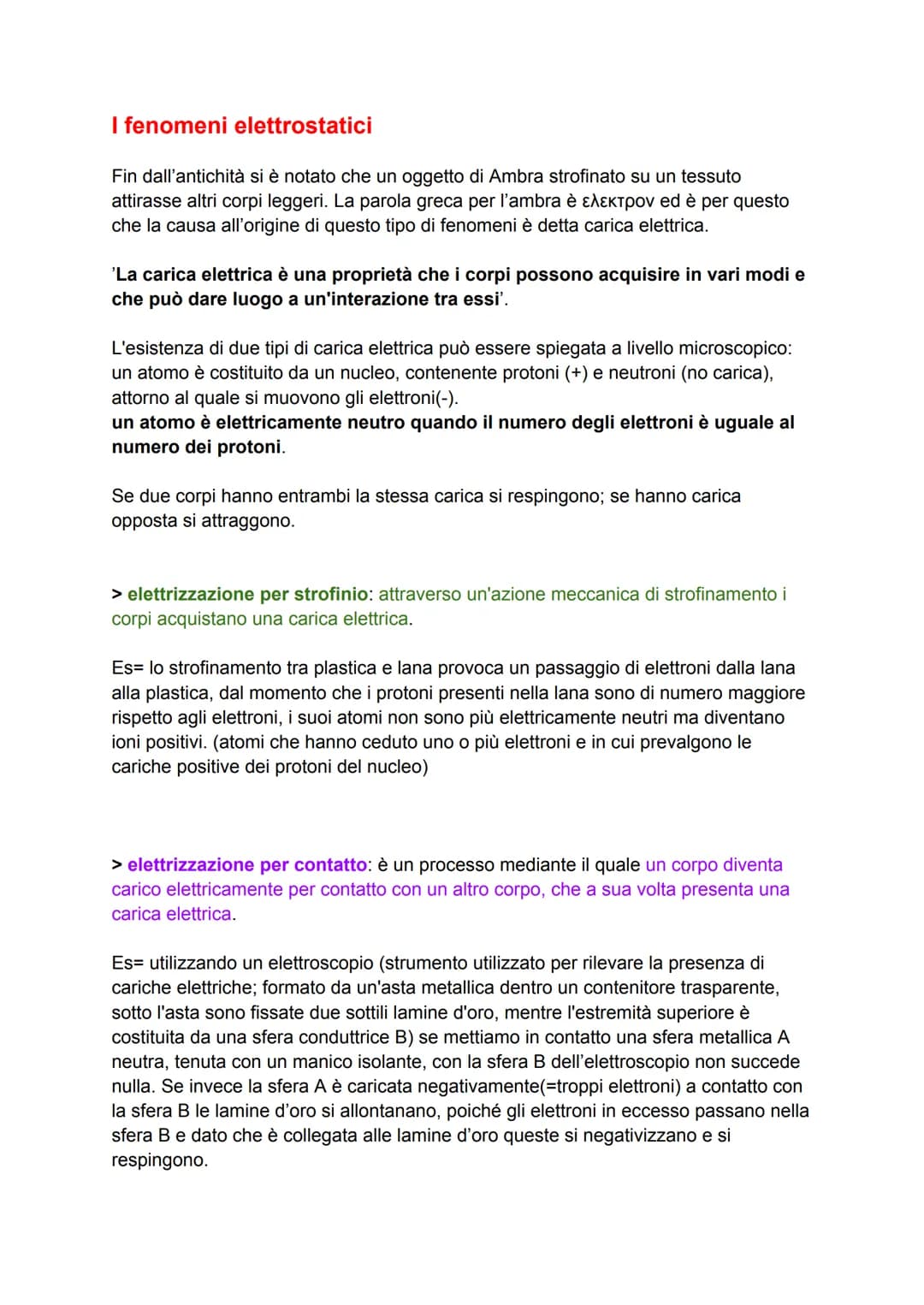 I fenomeni elettrostatici
Fin dall'antichità si è notato che un oggetto di Ambra strofinato su un tessuto
attirasse altri corpi leggeri. La 