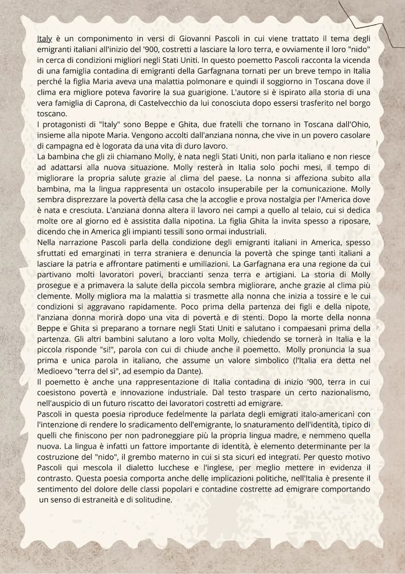 Una storia di emigrazione
"Italy"
GIOVANNI PASCOLI Italy è un componimento in versi di Giovanni Pascoli in cui viene trattato il tema degli
