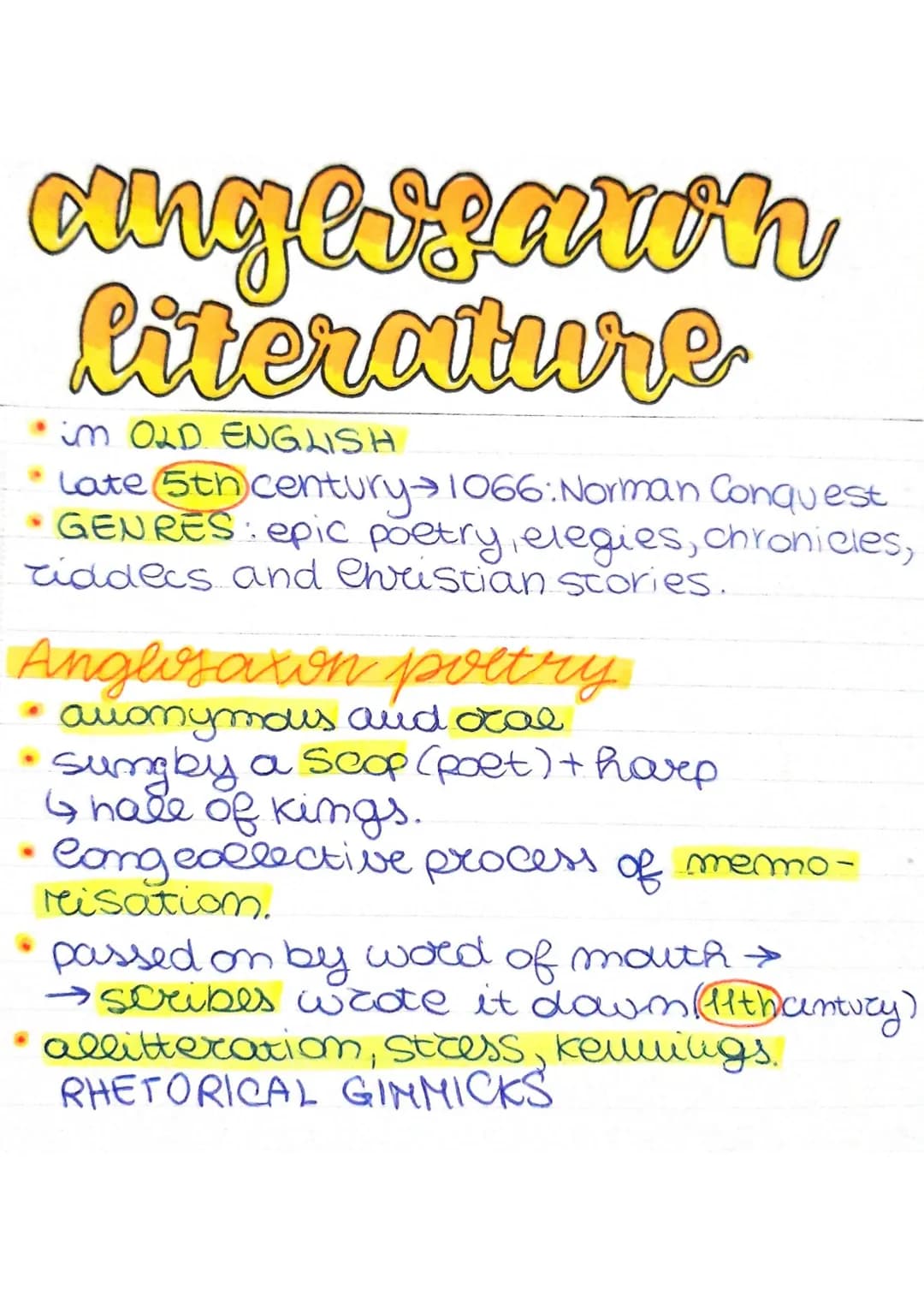 angessaun
literature
im OLD ENGLISH
Late (5th century → 1066: Norman Conquest
• GENRES: epic poetry, elegies, chronicles,
riddecs and Christ