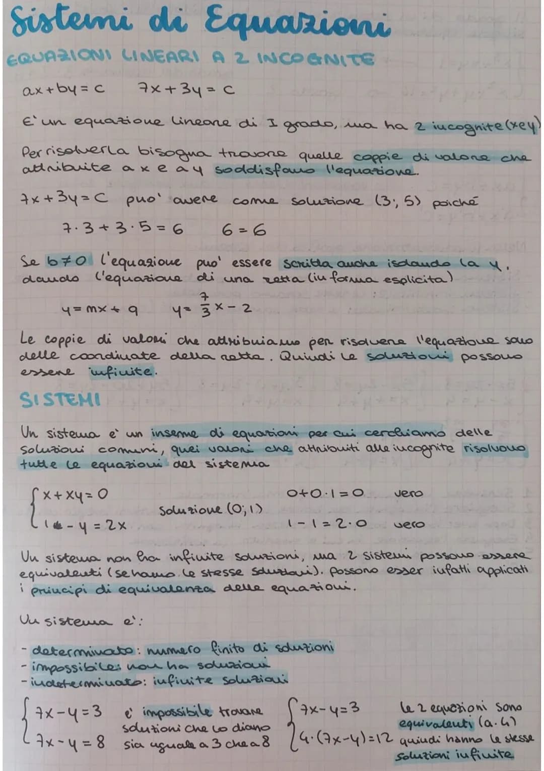 Sistemi di Equazioni
EQUAZIONI LINEARI A 2 INCOGNITE
7x+34= C
ax+by=c
E' un equazione lineare di I grado, ma ha 2 incognite (xey)
Per risolv