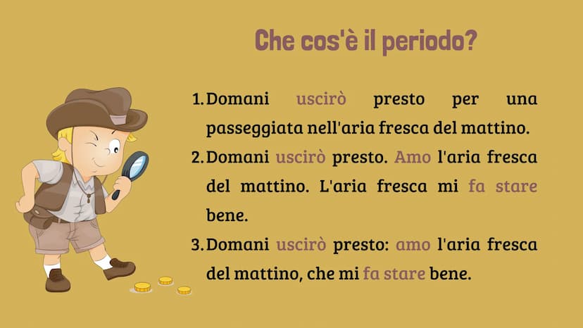 
<p>Che cos'è il periodo?<br />
Il periodo è l'insieme di due o più frasi semplici collegate tra loro, formando così una struttura più compl