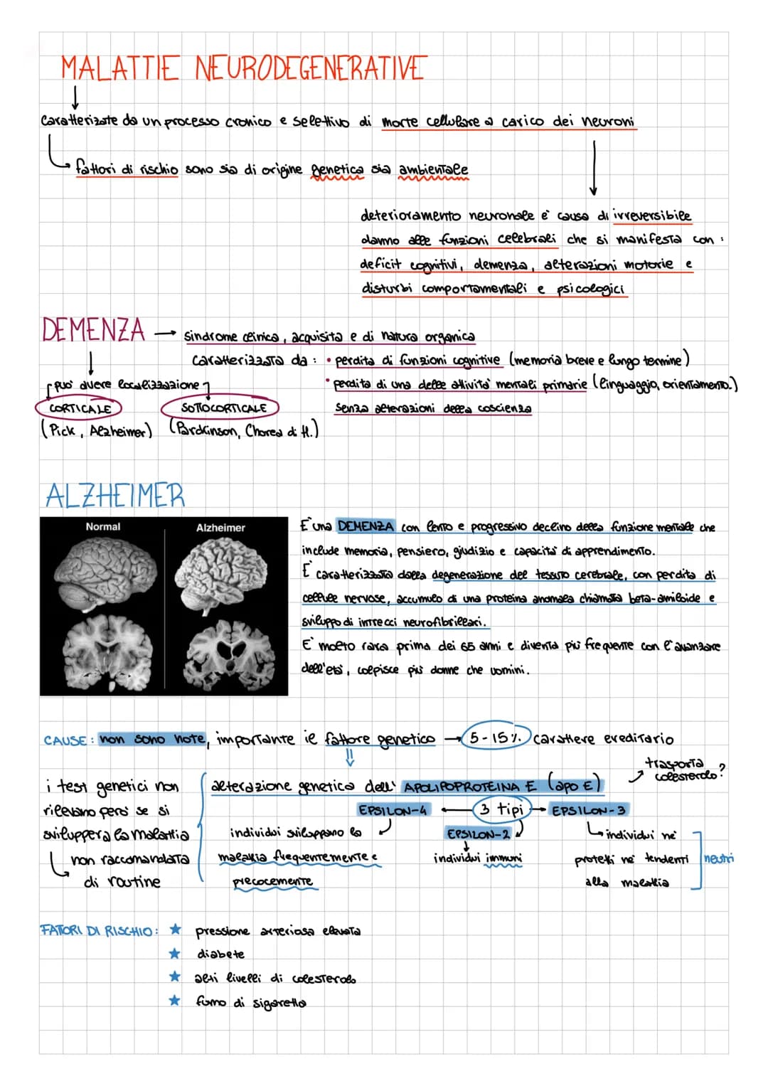 MALATTIE NEURODEGENERATIVE
↓
Caratterizate da un processo cronico e selettivo di morte cellulare a carico dei neuroni
Lo
•fattori di rischio