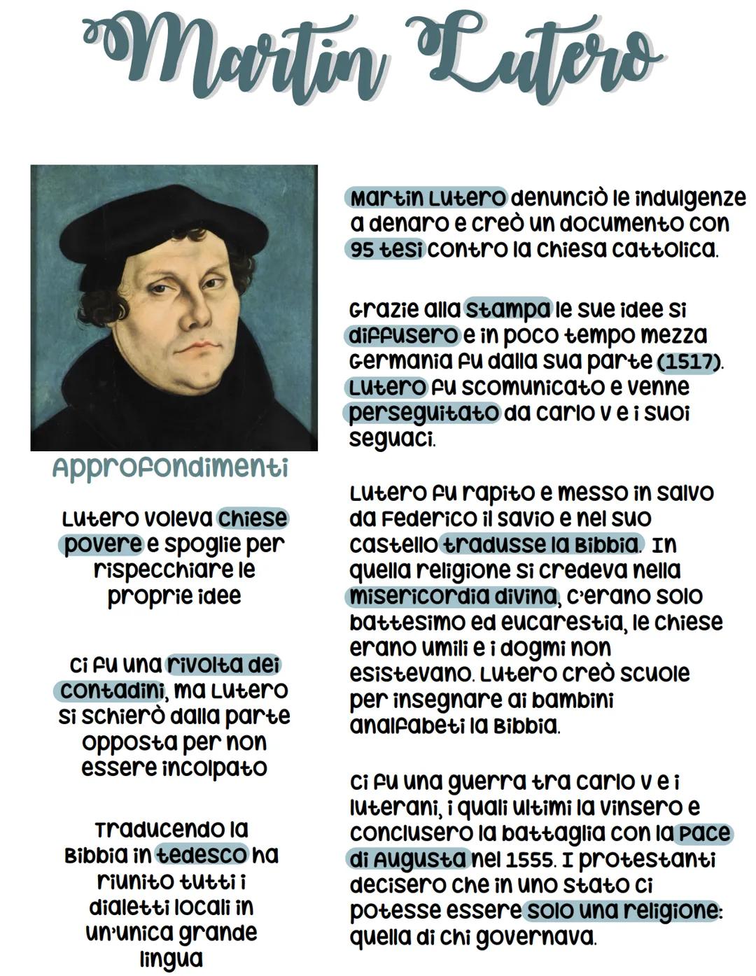 Martin Luters
Approfondimenti
Lutero voleva chiese
povere e spoglie per
rispecchiare le
proprie idee
Ci fu una rivolta dei
contadini, ma Lut